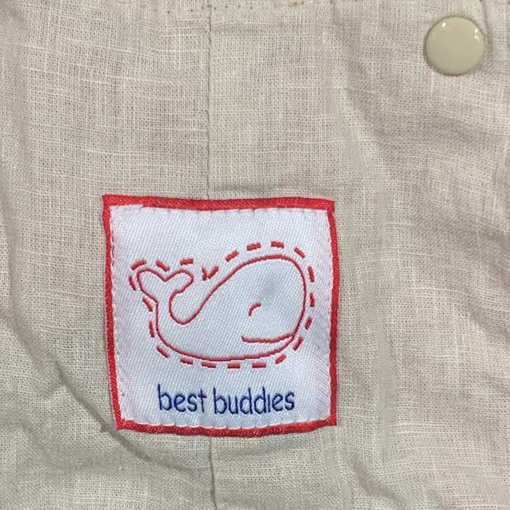 Best Buddies Baby Boys Linen Cotton Whale Shortall Romper Beige Red 6-9‎ Months